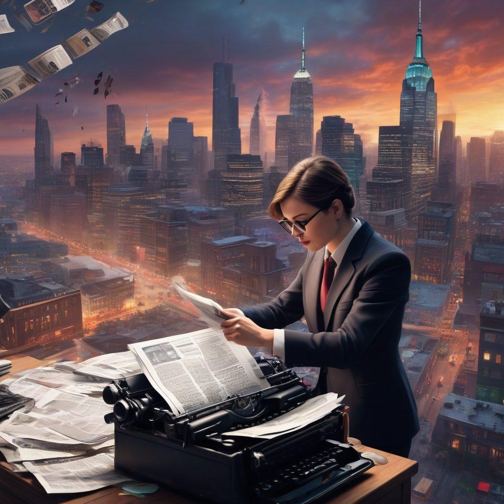 An engaging scene depicting a dynamic newsroom filled with reporters passionately discussing headlines, surrounded by vibrant newspaper clippings fluttering in the air. In the foreground, a journalist with a typewriter creates heartfelt stories, while a backdrop of a city skyline symbolizes the impact of news. The composition blends emotion and action, capturing the essence of storytelling in news reporting. super-realistic. vibrant colors. 3D.