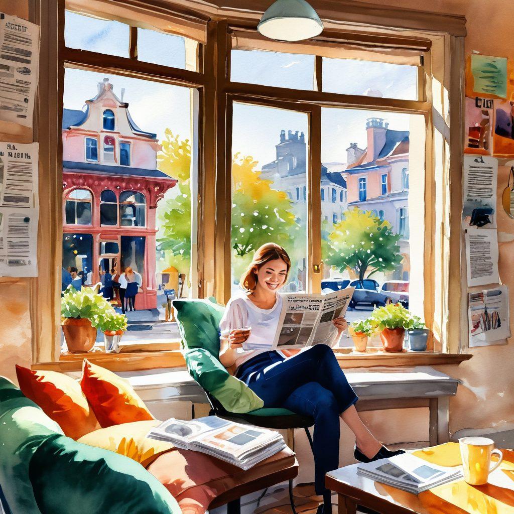 A cozy cafe scene with a person joyfully reading a newspaper, surrounded by colorful illustrations of stories coming to life around them. Incorporate elements of laughter and joy, with playful visuals of characters from delightful stories peeking out from the pages. Soft morning light filtering through a window, casting a warm glow. watercolor style. vibrant colors.